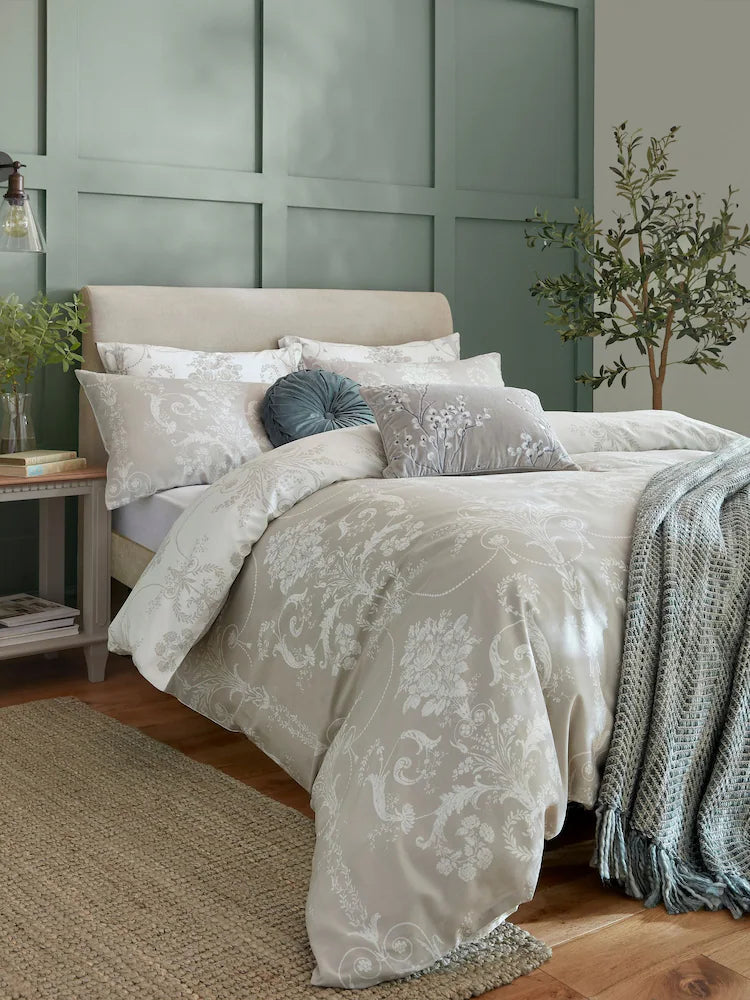 Laura Ashley Dove Grey 100% Cotton Sateen 200 Thread Count Josette Duvet Cover Set