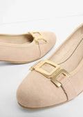 Jana Women's Beige Suede Court Shoes with Gold Buckle