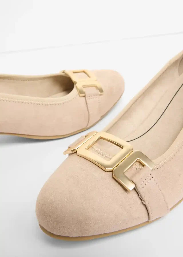 Jana Women's Beige Suede Court Shoes with Gold Buckle