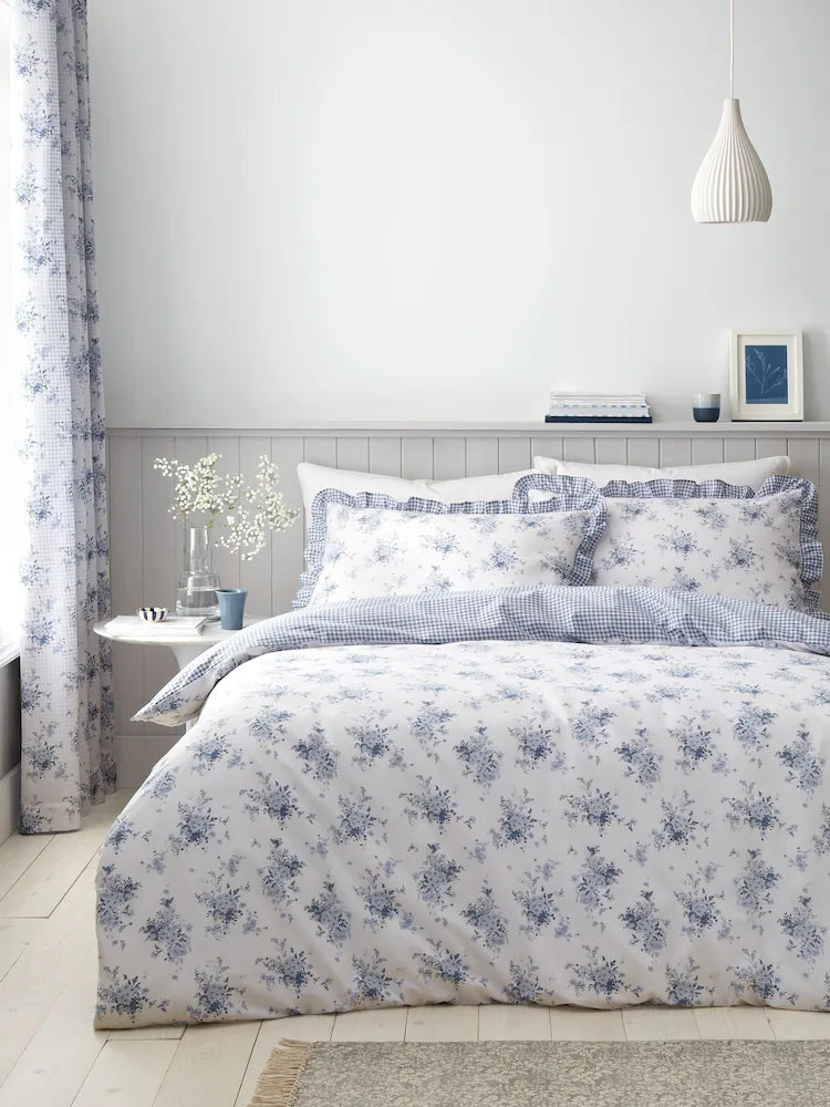 Catherine Lansfield Lucie Floral Reversible Blue Frill Duvet Cover set