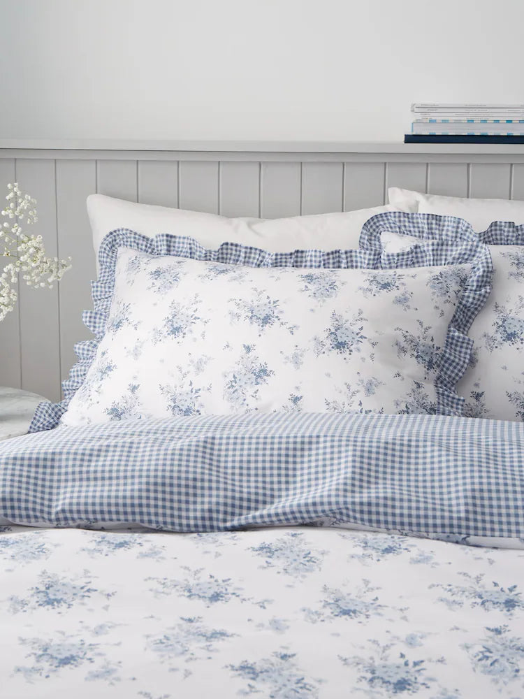 Catherine Lansfield Lucie Floral Reversible Blue Frill Duvet Cover set