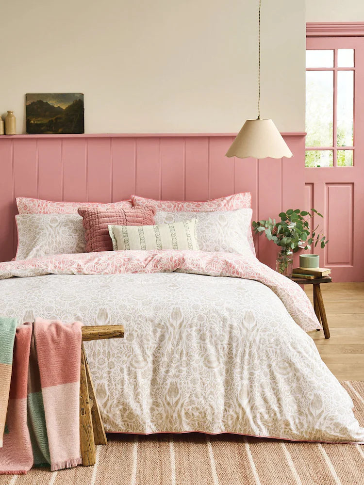 Laura Ashley Natural Coral Ashstead Damask 100% Cotton Reversible 200 Thread Count Duvet Cover Set