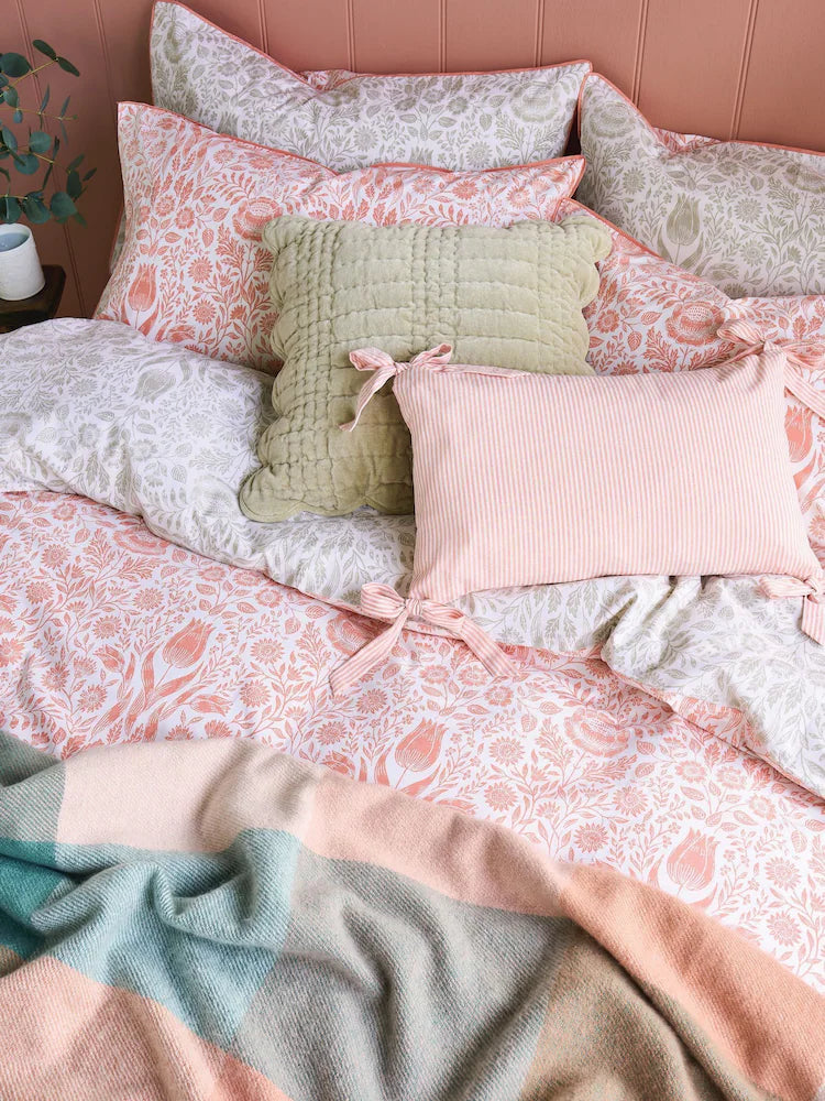 Laura Ashley Natural Coral Ashstead Damask 100% Cotton Reversible 200 Thread Count Duvet Cover Set