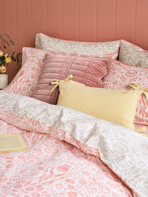 Laura Ashley Natural Coral Ashstead Damask 100% Cotton Reversible 200 Thread Count Duvet Cover Set