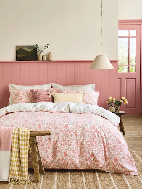 Laura Ashley Natural Coral Ashstead Damask 100% Cotton Reversible 200 Thread Count Duvet Cover Set