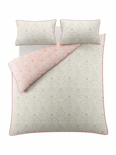 Laura Ashley Natural Coral Ashstead Damask 100% Cotton Reversible 200 Thread Count Duvet Cover Set