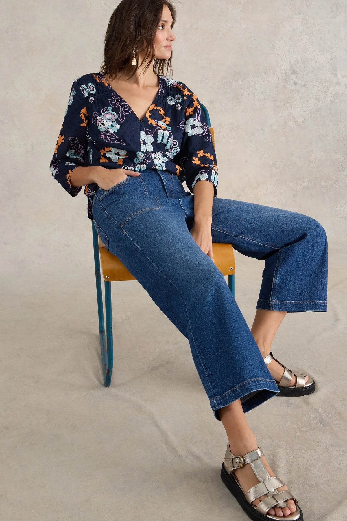 White Stuff Tia Wide Leg Crop Jeans - Dark Denim