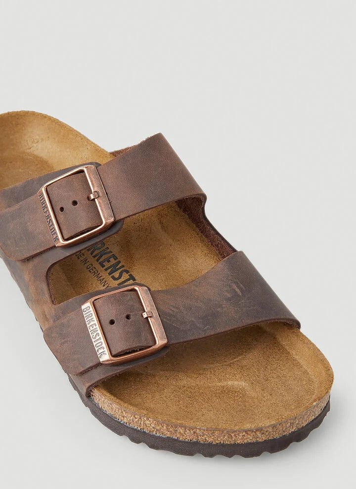 Birkenstock Arizona Dark Brown Two-Strap Sandals Habana- copper buckle