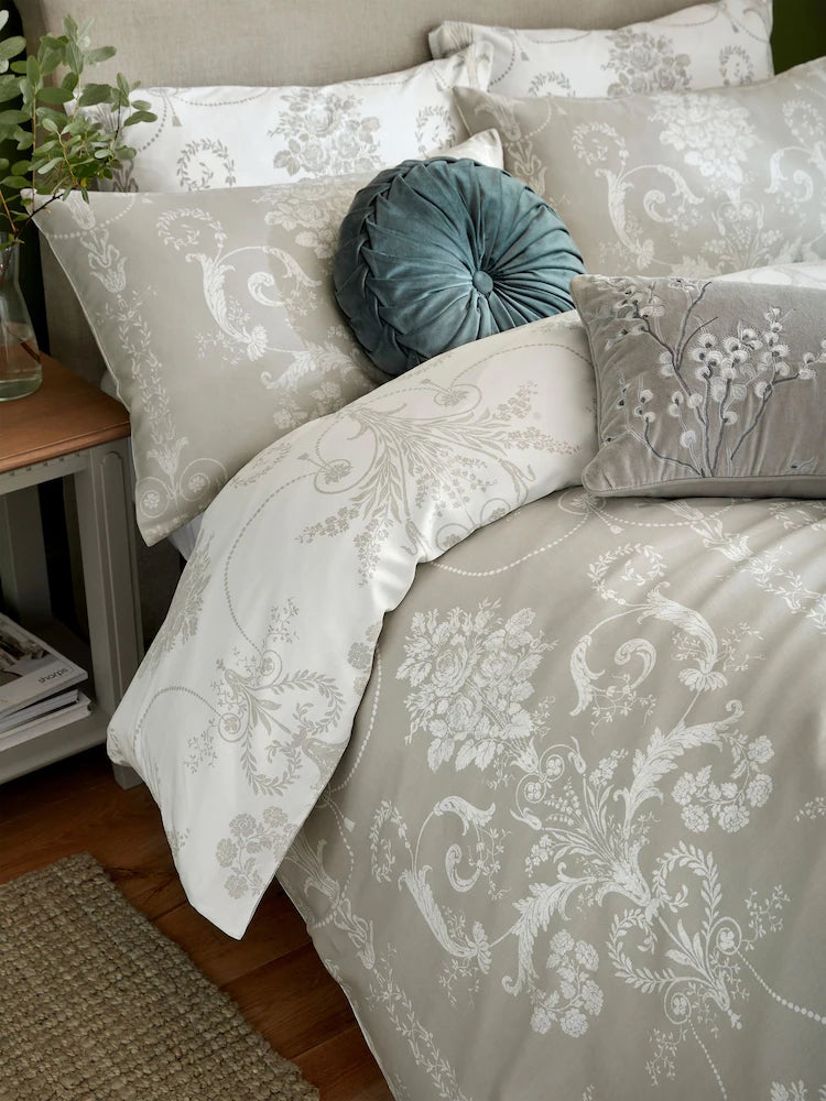 Laura Ashley Dove Grey 100% Cotton Sateen 200 Thread Count Josette Duvet Cover Set